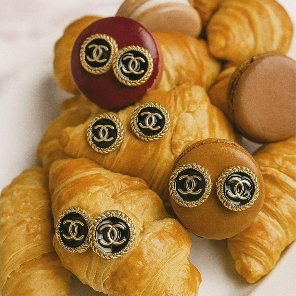 Upcycled Chanel Black and Gold Logo Earrings